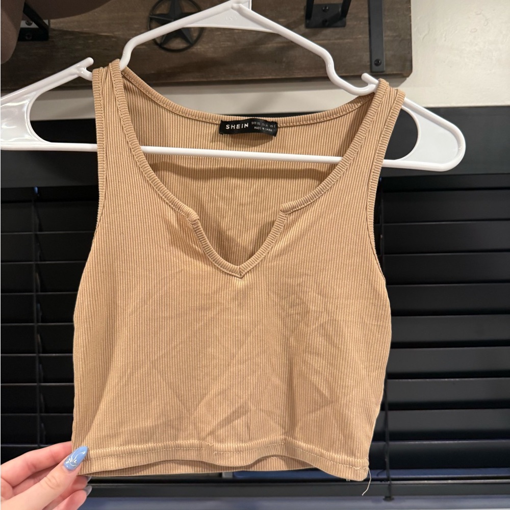 SHEIN Camel Ribbed V-Neck Crop Top